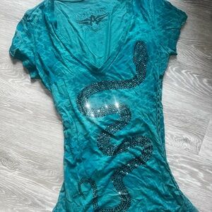 Affliction Teal V-Neck Snake Studded Tee